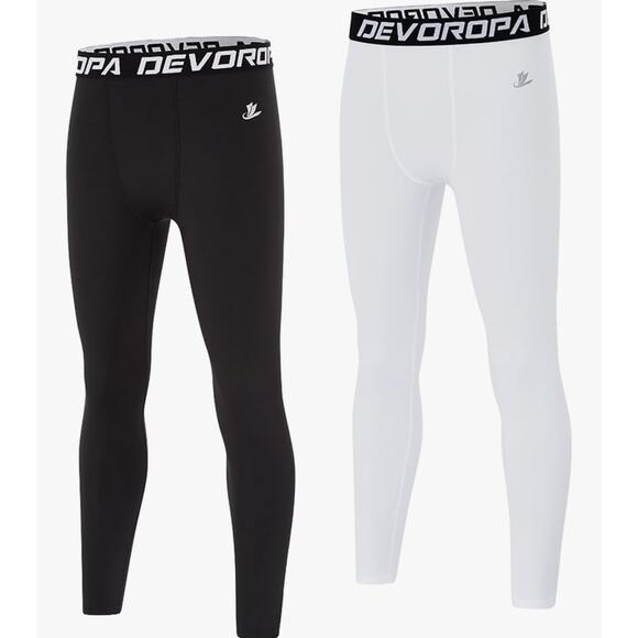 (2 Pack) DEVOROPA Boys Leggings Quick Dry Youth Compression Pants Size XS - Picture 1 of 6